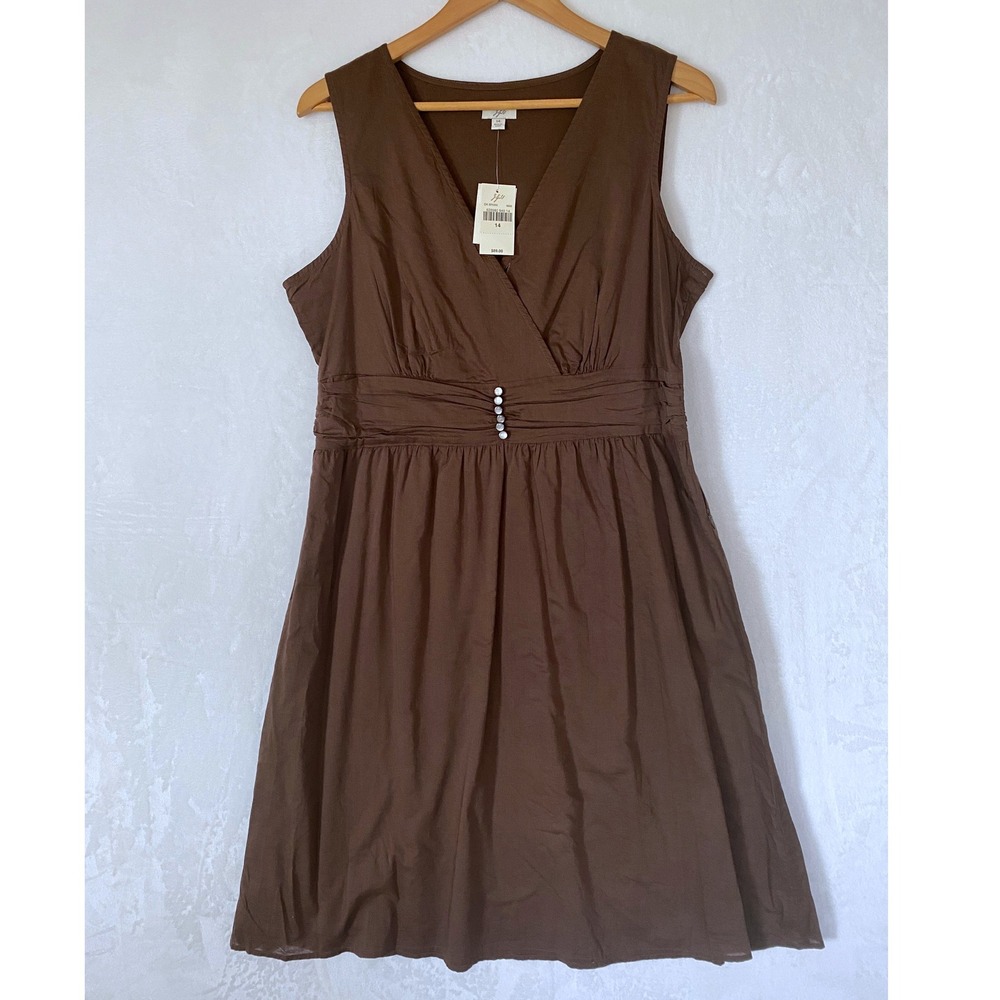 J Jill Brown Sleeveless V Neck Button Waist Midi Dress Size 14 New With Tags